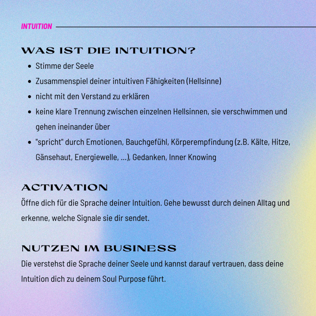 Die Intuition spricht durch Emotionen, Bauchgefühl, Körperempfindung (z.B. Kälte, Hitze, Gänsehaut, Energiewelle, ...), Gedanken oder ein Inner Knowing mit uns.