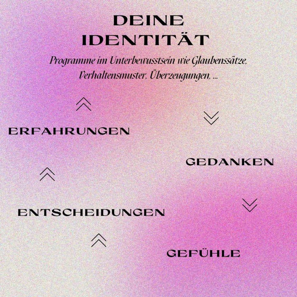 Der Identity-Loop: Deine Identität besteht aus Programmen im Unterbewusstsein wie Glaubenssätzen, Verhaltensmuster, Überzeugungen, diese werden zu Gedanken und Gefühlen, diese zu Entscheidungen & Handlungen, was zu Erfahrungen führt und diese bilden deine Identität