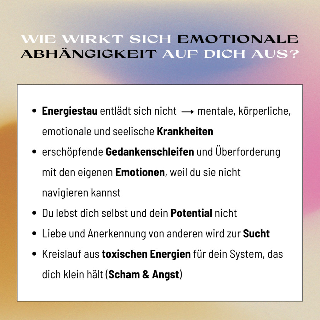 Auch erschöpfende Gedankenschleifen und Überforderung mit den eigenen Emotionen können Anzeichen für emotionale Abhängigkeit sein. Gefühle wahrnehmen und fühlen hilft bei der Selbsterkenntnis. 