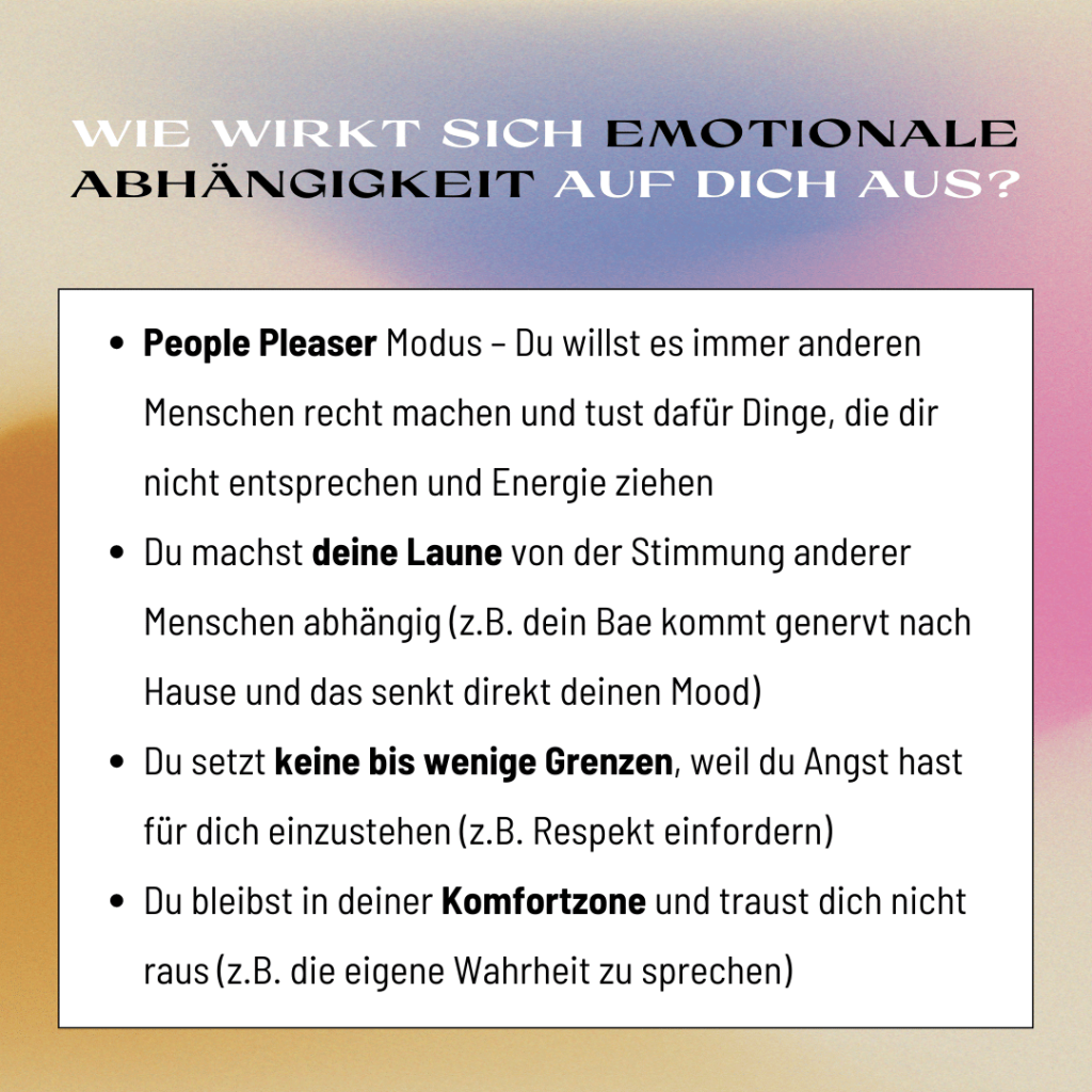 Anzeichen für emotionale Abhängigkeit ist der People Pleaser Modus. Du willst allen gefallen und stellst deine eigenen Bedürfnisse dafür zurück. 